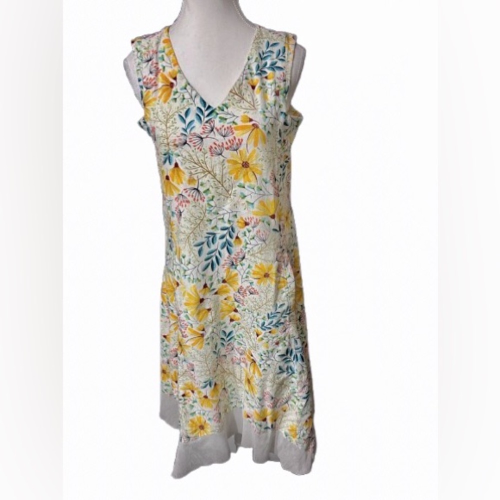NWT Petite Medium For Cynthia Linen Blend Blue Green Floral Dress Midi Yellow